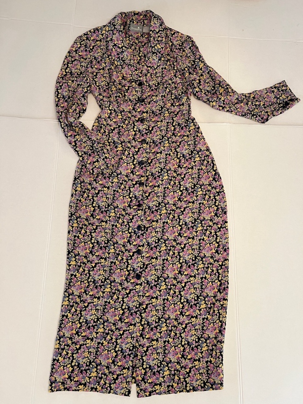 90’S VINTAGE LIZ CLAIBORNE FLORAL RAYON LONG SLEEVE BUTTON FRONT MAXI DRESS